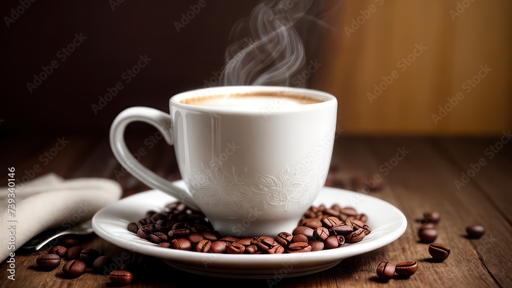 A cup of aromatic coffee in a white mug, scattered coffee beans around A cup of aromatic coffee in a white mug, scattered coffee beans around