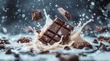 Chocolate bars float in the air and milk splashes. Isolated on a blue gradient background.