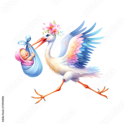 Stork delivering new born baby. watercolor design