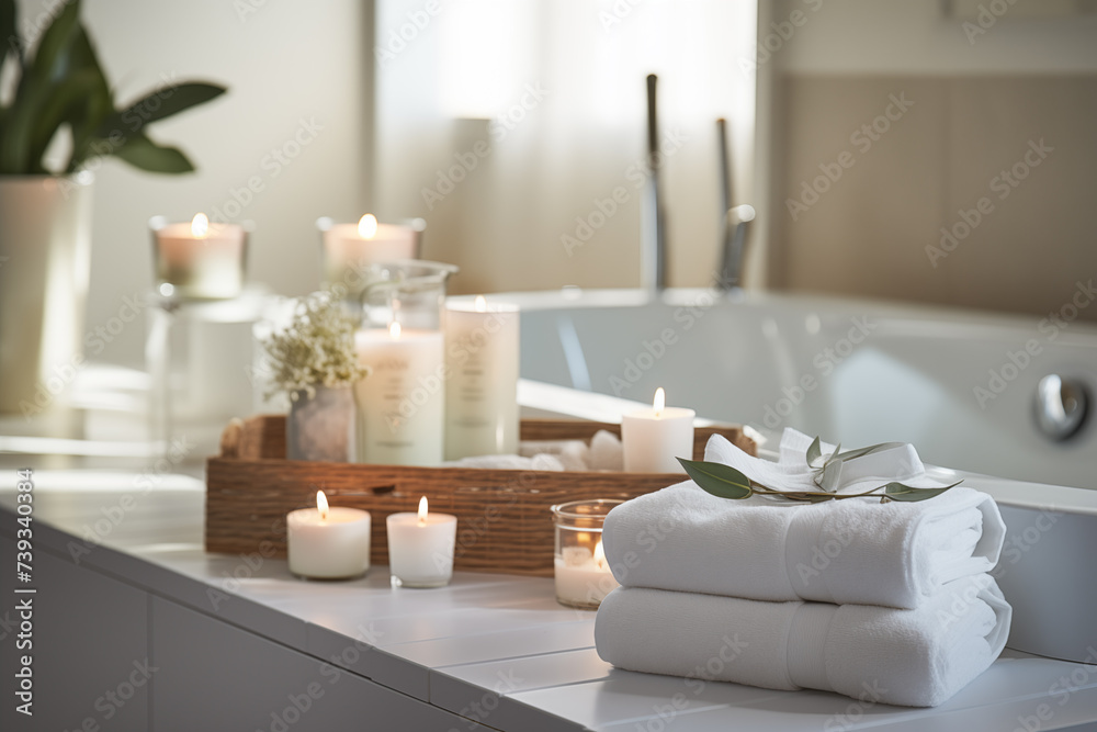Spa salon accessories. Rest and relaxation. Skin care product package design. Bathroom with candles, towels, spa products. Spa salon accessories. Rest and relaxation. Skin care product package design. Bathroom with candles, towels, spa products.