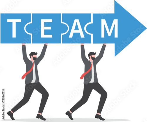 Team working together to win business success, teamwork, cooperation or collaboration, coworker partnership or office colleagues concept, business team people walking together holding the word TEAM.   © vision art