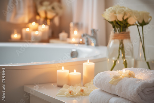 Spa salon accessories. Rest and relaxation. Skin care product package design. Bathroom with candles  towels  spa products.