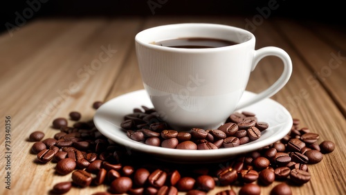 A cup of aromatic coffee in a white mug  scattered coffee beans around