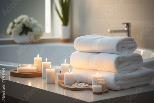 Spa salon accessories. Rest and relaxation. Skin care product package design. Bathroom with candles, towels, spa products.