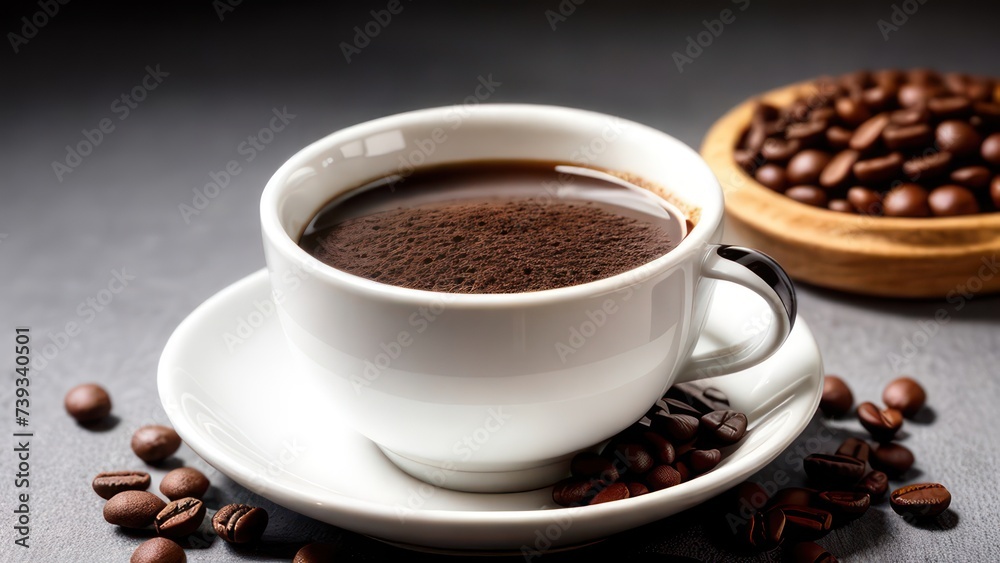 A cup of aromatic coffee in a white mug, scattered coffee beans around A cup of aromatic coffee in a white mug, scattered coffee beans around
