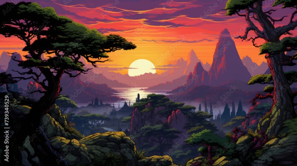 fantasy landscape sunset mountains forest river valley - obrazy, fototapety, plakaty 