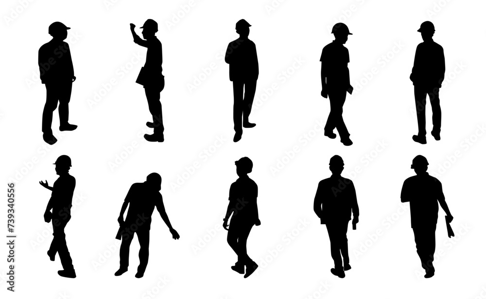 Construction engineer silhouette, Vector set supervisor working on white background, Architect man and woman labor standing, Icon silhouette worker man meeting set, Design for logo, internet