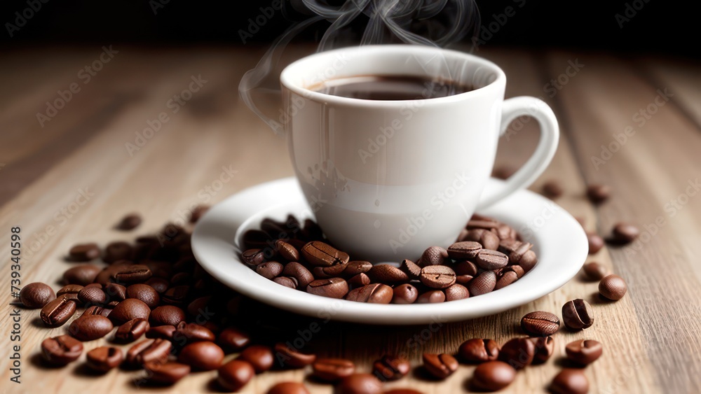 A cup of aromatic coffee in a white mug, scattered coffee beans around A cup of aromatic coffee in a white mug, scattered coffee beans around