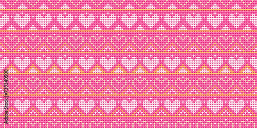 Heart point pattern, Cute cross stitch background, Knitted valentine pattern, Love handcraft triangle style, White and pink pattern love knit thread, Design for textile, fabric, batik, wrapping