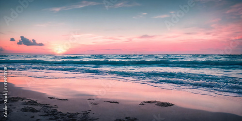 The shimmering waves reflect the warm hues of the setting sun creating a tranquil and breathtaking scene. Generative AI © Olga Khoroshunova