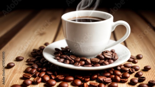 A cup of aromatic coffee in a white mug, scattered coffee beans around