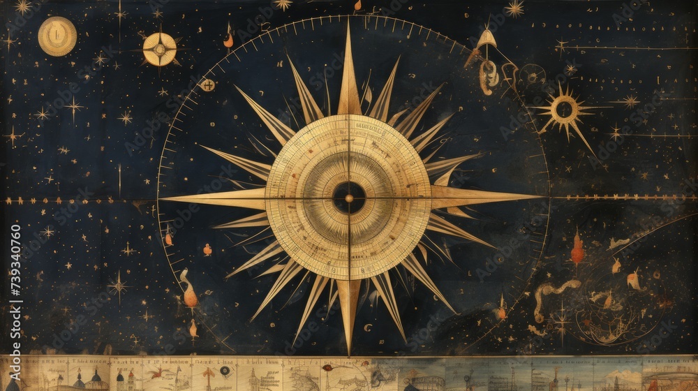 An illustration of an old nautical compass with various symbols and imagery.