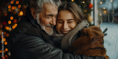 Old father hugs his adult daugther with love and joy on his face photo