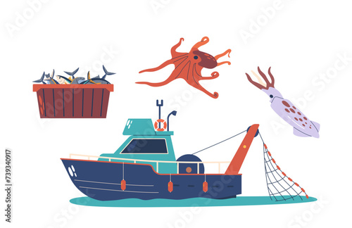 Fish Production Items Vector Set. Fishing Boat Is A Watercraft For Catching Fish In Rivers, Lakes, Or The Open Sea