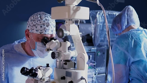 A surgeon looks through a microscope at a patient's eyes in the operating room. A doctor uses a microscope during eye surgery, teamwork of medical workers for cataract treatment and diopter correction photo