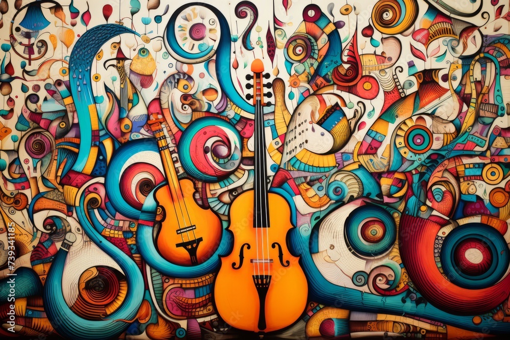 Colorful abstract painting of a violin with musical notes and other abstract elements
