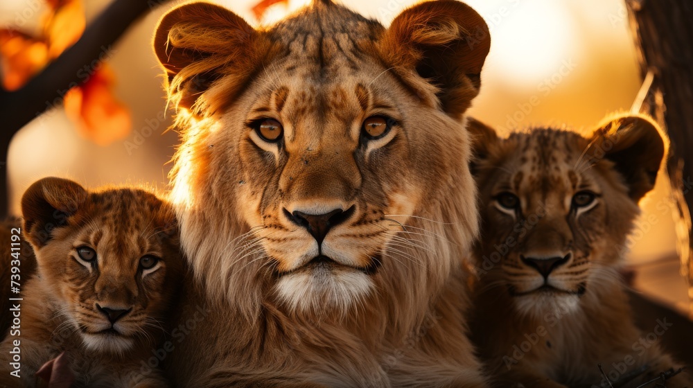 A pride of lions resting under a tree in the golden light of dawn, serene and powerful, capturing th