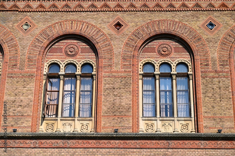 Arched windows, building ornamental details at Chernivtsi National University, Ukraine, unesco heritage site