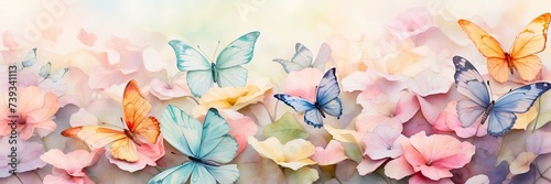 Pastel color butterflies on delicate spring flowers in a field with a space for text. Spring time.