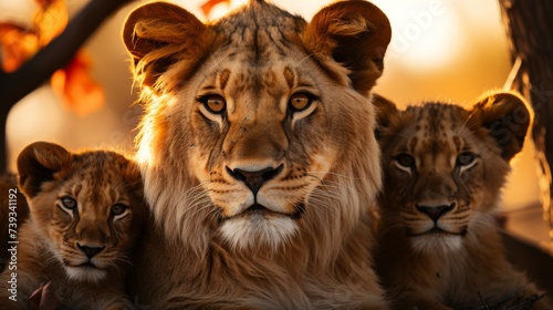 A pride of lions resting under a tree in the golden light of dawn, serene and powerful, capturing th © ProVector