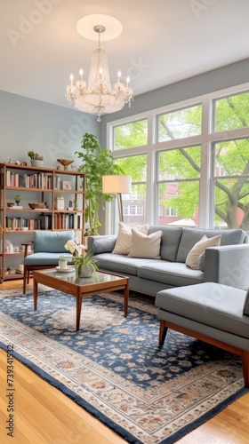 Blue and White Themed Living Room With Rug and Plants
