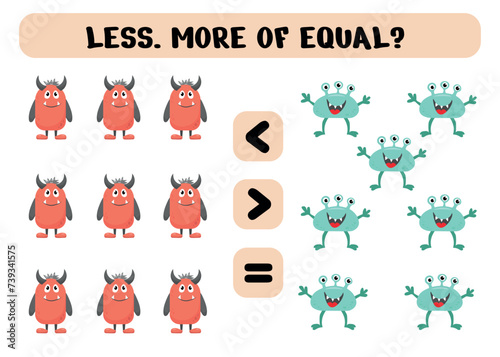 Game for preschoolers. Less, more or equal with cute monsters. Vector illustration. Printable sheet