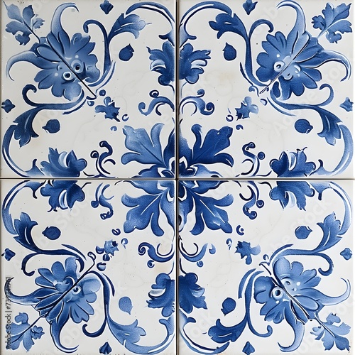 Traditional Blue and White Azulejo Style Tile Design, Hand Edited Generative AI