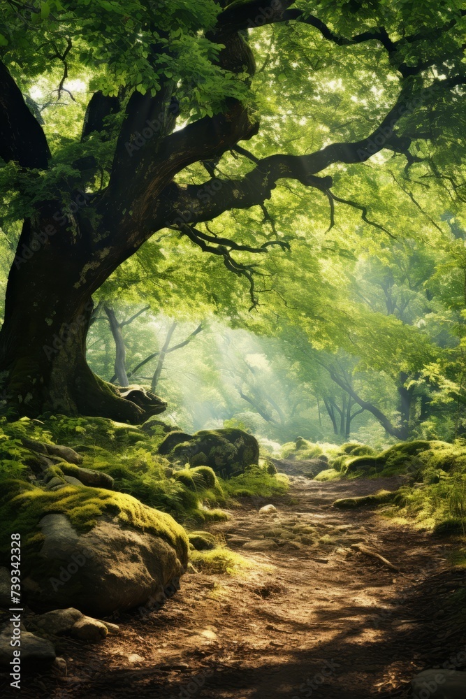 Fototapeta premium The Glowing Path through the Verdant Woods
