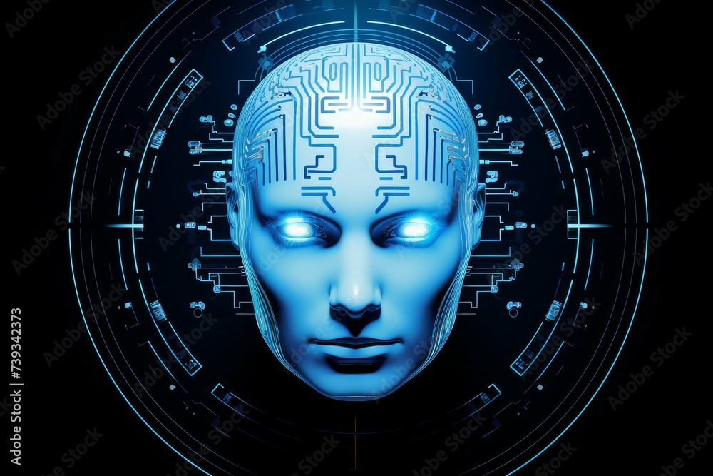 Conceptual image of a human head with cyber brain interface and glowing blue eyes. Conceptual image of a human head with cyber brain interface and glowing blue eyes.