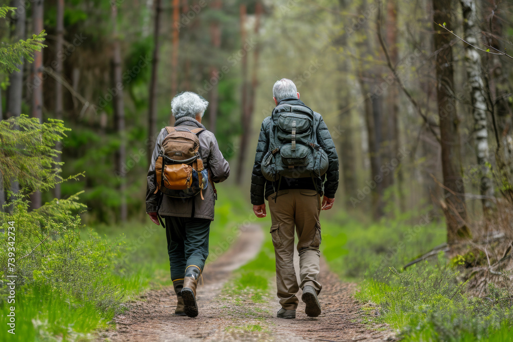 An elderly couple walks with backpacks along a forest path, active life concept