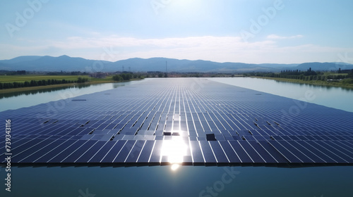 floating solar panels, floating solar park drone shot, eco friendly green tech, green energy photo