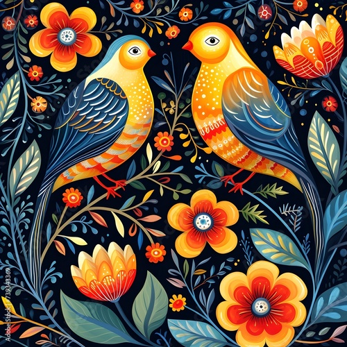 Folk Art Birds Inspired Background Design, Hand Edited Generative AI © Muhammad
