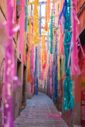 colorful streamers hanging from strings in the street 