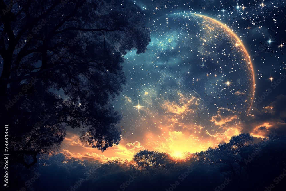 Fantasy landscape with a starry night sky and a large tree in the foreground Fantasy landscape with a starry night sky and a large tree in the foreground