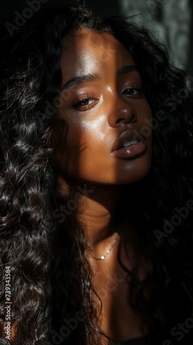 Portrait of a beautiful and elegant African woman in her 20s with styled long curly black hair. Extreme close up beauty portrait of beautiful young woman. Generative ai