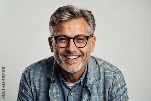 Adult happy Indian man wearing eyeglasses on a gray solid background with copy space.  photo