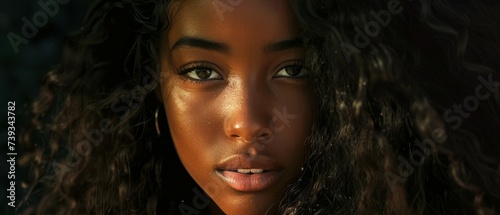 Portrait of a beautiful and elegant African woman in her 20s with styled long curly black hair. Extreme close up beauty portrait of beautiful young woman. Generative ai photo