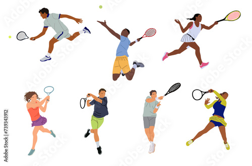 Set of different sports men and women big tennis players wearing tennis sportswear. Professional sportsmen holding racket  hitting ball. Vector illustrations isolated on transparent background.