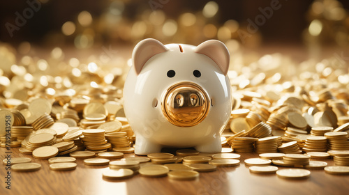 A white ceramic pig piggy bank placed on a wooden table, surrounded by scattered coins.