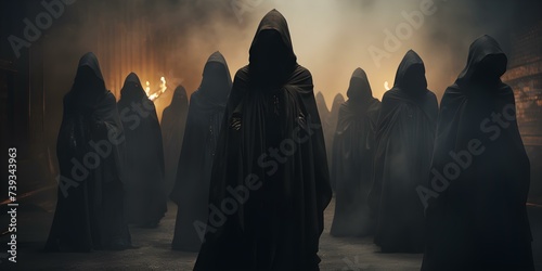 Group of mysterious figures in dark cloaks with ample space for text. Concept Mysterious Figures, Dark Cloaks, Text Space photo