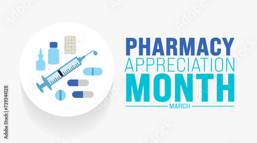 March is Pharmacy Appreciation Month background template. Holiday concept. use to background, banner, placard, card, and poster design template with text inscription and standard color. vector
