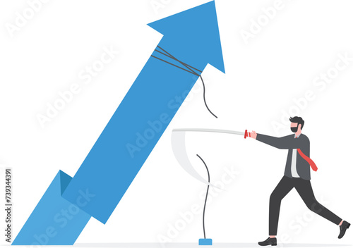 Business man using Sword to cut the rope for successful business

