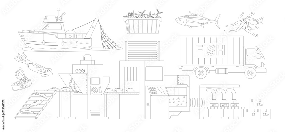 Fish Production Isolated Outline Monochrome Vector Icons Set. Fishing Boat, Conveyor Belt, Truck And Seafood Production