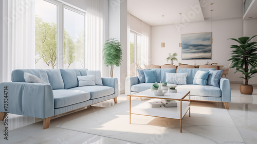 modern living room interior design decorated with blue sofas and green plants, comfortable relaxing minimalist interior design concept