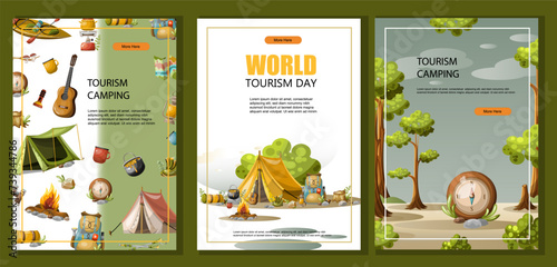 Set of tourism camping posters flyers