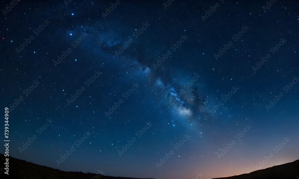 Naklejka premium Starry night sky with the Milky Way stretching across the horizon. Perfect for illustrating articles on astronomy or as a background for inspirational quotes. AI illustration.