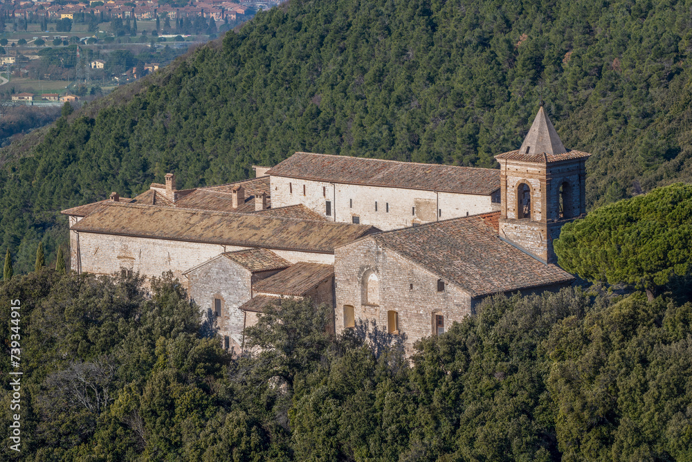the ancient Benedictine abbey of Sassovivo , Foligno , italy medieval construction of the 11th century , view from the mountain 