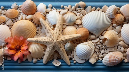 A creative composition of various seashells and starfish, set amidst a scattering of fine beach sand