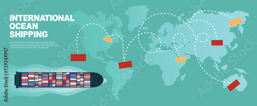 Top view of an industrial marine vessel against the background of a world map. Maritime transportation. Logistics of transportation.  Maritime shipping. Cargo ship. Web banner of cargo transportation