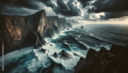 Dramatic Seascape with Rugged Cliffs and Stormy Sky, Nature Power Concept